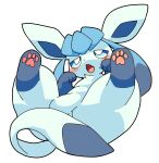  0kazu10001 absurdres animal_focus blue_fur blue_sclera blush colored_sclera convenient_censoring fangs furry furry_female glaceon half-closed_eyes highres legs_up lying no_humans on_back paw_pose pawpads pokemon pokemon_(creature) spread_legs sweatdrop 