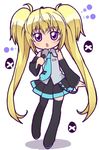  bare_shoulders blonde_hair blush cosplay detached_sleeves hatsune_miku hatsune_miku_(cosplay) hoshina_utau kemushi long_hair microphone music necktie purple_eyes shugo_chara! singing skirt solo thighhighs twintails very_long_hair vocaloid 