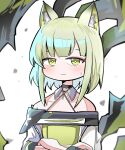  1girl animal_ear_fluff animal_ears arknights bare_shoulders black_choker blush choker collarbone crossed_arms dress eyebrows_hidden_by_hair green_dress green_eyes green_hair highres jacket kal&#039;tsit_(arknights) looking_at_viewer off-shoulder_jacket off_shoulder parted_lips simple_background solo spam_(spamham4506) sweat upper_body white_background white_jacket 