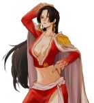  1girl amazon_warrior arm_behind_head arm_up black_hair blue_eyes boa_hancock breasts cape cheb_0w0 cleavage crop_top dress earrings epaulettes gold_earrings hand_on_own_hip highres jewelry large_breasts long_hair midriff one_piece parted_bangs red_skirt simple_background skirt snake_earrings solo very_long_hair white_background white_cape 