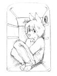 anthro appliance black_and_white bottomwear canid canine clothing curled_up danoodle feet fridge hair kitchen_appliance male mammal monochrome pants paws smile solo sweater taylor_(danoodle) tired_eyes topwear