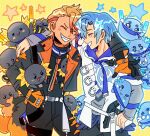  2boys altventurer_(regis_altare) arms_on_another&#039;s_shoulder axel_syrios axelotl_(axel_syrios) axolotl black_gloves blonde_hair blue_collar blue_hair braid closed_eyes collar curtained_hair english_commentary facing_another gloves grin happy holostars holostars_english hood hoodie layered_sleeves long_sleeves male_focus ministarfruit multicolored_hair multiple_boys orange_collar orange_gloves outline red_hair regis_altare short_hair short_over_long_sleeves short_sleeves side_braid slime_(creature) smile streaked_hair teeth upper_body virtual_youtuber white_hoodie white_outline yellow_background 