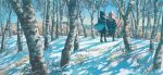  2girls blue_eyes blue_hair boots day grass hat hayateluc highres kagamihara_nadeshiko long_hair mountainous_horizon multiple_girls open_mouth outdoors pink_hair poncho shima_rin sky smile snow tree winter_clothes yurucamp 