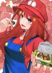  1girl :d blue_eyes blue_overalls blush breasts character_print commentary_request cosplay eyelashes fingernails go-toubun_no_hanayome hair_between_eyes hair_ornament hand_up hat highres holding holding_mushroom imananashi incoming_gift large_breasts long_hair long_sleeves looking_at_viewer mario mario_(cosplay) mario_(series) mushroom nakano_itsuki open_mouth overalls peaked_cap reaching reaching_towards_viewer red_hair red_headwear red_shirt shirt sidelocks simple_background smile solo star_(symbol) star_hair_ornament upper_body v-shaped_eyebrows 
