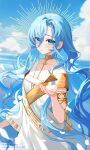  1girl 37_(reverse:1999) absurdres ancient_greek_clothes armlet artist_name blue_eyes blue_hair blue_sky blurry blurry_background cloud day flat_chest gold_choker greco-roman_clothes hair_between_eyes halo_behind_head hand_up highres hira_qw instagram_username long_hair looking_at_viewer ocean outdoors parted_lips reverse:1999 single_sleeve sky solo tetrahedron toga twitter_username upper_body very_long_hair 
