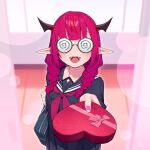  1girl bag black_shirt black_skirt braid dasdokter demon_horns english_commentary glasses green_eyes heterochromia highres hololive hololive_english horns incoming_gift irys_(gamer)_(hololive) irys_(hololive) long_hair long_sleeves open_mouth pink_eyes pink_hair pleated_skirt pointy_ears reaching reaching_towards_viewer round_eyewear school_bag shirt skirt smile solo teeth tongue twin_braids valentine virtual_youtuber 