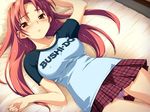  ai_shimai_~docchi_ni_suruno!!~ bed blush breasts covered_nipples game_cg honda_shizuru large_breasts long_hair lying on_back panties pantyshot pantyshot_(lying) plaid plaid_skirt purple_panties raglan_sleeves red_eyes red_hair sameda_koban skirt solo thigh_gap underwear 