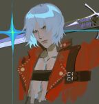  1boy belt_bra blue_eyes coat dante_(devil_may_cry) devil_may_cry_(series) devil_may_cry_3 highres holding holding_weapon looking_at_viewer male_focus rebellion_(sword) red_coat solo w9rm0000 weapon white_hair 
