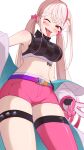  1girl bare_arms bare_shoulders blonde_hair bow breasts cleavage collar facial_tattoo goddess_of_victory:_nikke heart heart-shaped_pupils heart_tattoo highres jackal_(nikke) long_hair looking_at_viewer medium_breasts midriff multicolored_hair navel omochi_popo open_mouth pink_eyes pink_hair short_shorts shorts smile stomach symbol-shaped_pupils tattoo thighs tongue tongue_out two-tone_hair 