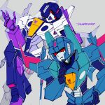  chinese_commentary decepticon fang grey_background hand_on_own_hip leaning_forward mecha no_humans open_hand open_mouth red_eyes robot scowl skywarp thinking thundercracker transformers transformers_cyberverse uchikaze 