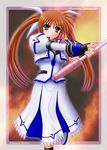  black_gloves black_legwear border character_name dress fingerless_gloves gloves jacket kneehighs long_hair long_sleeves looking_at_viewer lyrical_nanoha magical_girl mahou_shoujo_lyrical_nanoha_strikers open_clothes open_jacket outstretched_arms purple_eyes raising_heart red_hair solo standing takamachi_nanoha thighhighs twintails white_dress yamaguchi_ugou zettai_ryouiki 