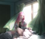  1girl absurdres alternate_costume bedroom black_shirt blanket bloom commentary curtains highres hood hood_down hoodie indoors knees_up kotonoha_akane lens_flare long_sleeves looking_outside low-tied_sidelocks morning on_bed open_window pink_hair red_eyes shirt sidelocks sireia_round sitting solo striped_clothes striped_hoodie symbol-only_commentary voiceroid window 