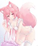  1girl animal_ear_fluff animal_ears bent_over bow bow_bra bra breasts choker cleavage closed_mouth commission frilled_choker frilled_panties frills hair_ribbon highres indie_virtual_youtuber lingerie long_hair looking_at_viewer navel panties pillow pink_eyes pink_hair ribbon sakura_nagomi shano_hiyori single_thighhigh skeb_commission small_breasts smile solo stomach string_bra tail thigh_strap thighhighs thighs underwear very_long_hair virtual_youtuber white_bra white_panties white_ribbon white_thighhighs 