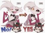  2boys :3 angel_dust animal_ears animal_nose arrow_(symbol) black_bow black_bowtie black_headwear black_sclera blush body_fur bow bowtie cat_ears clenched_teeth closed_mouth colored_sclera elbow_on_table extra_arms frown furry furry_male gloves half-closed_eyes hand_on_own_cheek hand_on_own_face hat hazbin_hotel head heart highres husk_(hazbin_hotel) jacket looking_at_another looking_at_viewer male_focus marquee_lights mismatched_sclera monster_boy multiple_boys multiple_pov multiple_views natto_rain naughty_face open_mouth pink_eyes pink_gloves pink_jacket pov sharp_teeth simple_background smile sparkle striped_clothes striped_jacket table teeth top_hat traditional_bowtie upper_body white_background white_fur yaoi yellow_sclera 