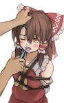  1girl 1other ascot bdsm blush bondage bound bow brown_hair brushing_another&#039;s_teeth chinese_commentary commentary_request detached_sleeves frilled_bow frilled_hair_tubes frills hair_between_eyes hair_bow hair_tubes hakurei_reimu hand_in_another&#039;s_hair long_hair open_mouth red_bow restrained shibari simple_background solo_focus tears toothbrush touhou white_background xiao_qiang_(overseas) yellow_ascot yellow_eyes 