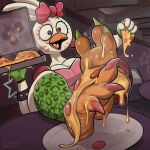 1:1 accessory anthro avian beak beakstick big_breasts bird bow_ribbon bracelet breasts cheese chicken claws clothing colored_nails dairy_products feathers feet female fingerless_gloves five_nights_at_freddy&#039;s five_nights_at_freddy&#039;s:_security_breach food food_on_feet foot_fetish furgonomics galliform gallus_(genus) glamrock_chica_(fnaf) gloves green_nails hair_accessory hair_bow hair_ribbon handwear head_feathers hi_res jewelry leotard lipstick makeup melted_cheese nails open_beak open_mouth phasianid pizza pizza_box ribbons scottgames sharkysocks solo spiked_bracelet spikes steel_wool_studios toe_claws white_body white_feathers