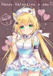  1girl :o ahoge ameto_yuki animal_ear_fluff animal_ears apron balloon between_breasts blonde_hair blush breasts cat_ears cat_girl cat_tail chocomint_(ameto_yuki) commentary_request frilled_apron frills garter_straps green_eyes happy_valentine hat heart_balloon highres long_hair looking_at_viewer nurse nurse_cap original panties puffy_sleeves solo strap_between_breasts striped_clothes striped_panties tail twintails underwear valentine very_long_hair white_garter_straps 