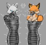 angry anthro arctic_fox bdsm blue_eyes bondage bound canid canine duo epic_games fennix_(fortnite) fortnite fox fur hi_res male male/male mammal moire_dragon orange_body orange_fur simple_background squirming tape taped_mouth volpez_(fortnite) white_body white_fur yellow_eyes