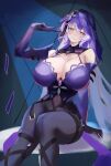  1girl absurdres bare_shoulders black_gloves black_pants black_swan_(honkai:_star_rail) breasts brown_eyes cleavage dress elbow_gloves gloves highres honkai:_star_rail honkai_(series) huge_breasts kasumi_saika long_hair looking_at_viewer pants purple_dress purple_gloves purple_hair smile solo thighs tight_clothes tight_pants two-tone_gloves veil 