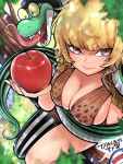  1girl apple artist_name blonde_hair blunt_bangs blurry blurry_foreground branch breasts brown_eyes cleavage closed_mouth food from_above fruit highres holding holding_food holding_fruit in_tree large_breasts marguerite_(one_piece) one_piece sharp_teeth short_hair sitting sitting_in_tree smile snake takumi_watanuki teeth tongue tongue_out translation_request tree yellow_eyes 