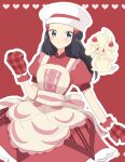  1girl alcremie apron black_hair blush buttons chef_hat closed_mouth commentary_request dawn_(palentine&#039;s_2021)_(pokemon) dawn_(pokemon) dress eyelashes grey_eyes hair_ornament hairclip hand_up hat heart highres long_hair mittens official_alternate_costume ohn_pkmn outline pokemon pokemon_(creature) pokemon_masters_ex red_background red_dress red_mittens short_sleeves sidelocks smile white_headwear 
