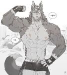  1boy abs animal_ears bara biceps black_male_underwear blush boxer_briefs bulge cowboy_shot flexing furry furry_male grey_fur large_pectorals male_focus male_underwear muscular muscular_male na-eun_(ejdbvaaqup08jfy) navel nipples original pectorals short_hair solo standing stomach sweat tail thick_eyebrows thick_thighs thighs topless_male two-tone_fur underwear very_sweaty wolf_boy wolf_ears wolf_tail 