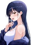  1girl bare_shoulders blue_hair blue_jacket blush boku_no_kokoro_no_yabai_yatsu breasts brown_eyes dark_blue_hair highres jacket large_breasts long_hair looking_at_viewer mole mole_on_neck multiple_moles off_shoulder open_mouth profile sacra_(sacrabokuyaba) shirt simple_background solo sweat t-shirt upper_body white_background white_shirt yamada_anna 