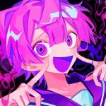  1boy album_cover blunt_bangs blunt_ends carl_(guchiry) cover hair_between_eyes himanemuitoma index_finger_raised looking_at_viewer open_mouth pink_hair pointing pointing_at_self purple_eyes purple_sailor_collar sailor_collar schadenfreude_(vocaloid) simple_background smile solo vocaloid 