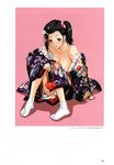  areolae artbook black_hair blush breasts copyright_request drunk floral_print hair_ornament happoubi_jin highres japanese_clothes kimono large_breasts lipstick makeup nail_polish open_clothes pink_nails print_kimono purple_kimono red_lipstick scan solo tabi white_legwear 