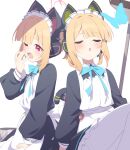  2girls absurdres animal_ear_headphones animal_ears apron black_dress blonde_hair blue_archive blue_bow blue_bowtie blush bow bowtie broom bucket bug butterfly cat_ear_headphones cat_tail closed_eyes dress fake_animal_ears frilled_dress frills halo hand_up headphones highres intertwined_tails knees_up long_sleeves maid_apron maid_headdress midori_(blue_archive) midori_(maid)_(blue_archive) momoi_(blue_archive) momoi_(maid)_(blue_archive) multiple_girls official_alternate_costume one_eye_closed open_mouth pantyhose pink_eyes pink_halo rag short_hair siblings sisters sleeping sleeping_upright supershiruco tail tearing_up twins white_apron white_background white_pantyhose yawning 