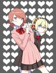  2girls aegis_(persona) black_skirt blonde_hair blue_eyes bow brown_eyes brown_hair closed_mouth commentary dot_nose eyelashes grey_background headphones heart heart_background highres looking_at_viewer medium_hair melkymelkii multiple_girls persona persona_3 pleated_skirt red_bow short_hair skirt swept_bangs takeba_yukari two-tone_background white_background x_fingers 