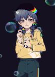  1girl black_background black_headwear blue_eyes blue_hair blue_pants bottle bubble candy food highres holding holding_bottle holding_candy holding_food holding_lollipop hood hoodie lollipop original pants rainbow_bow rainbow_print solo sopapapa yellow_hoodie 