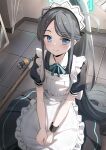  &lt;key&gt;_(robot)_(blue_archive) 1girl absurdly_long_hair absurdres apron aris_(blue_archive) aris_(maid)_(blue_archive) bekkuro black_hair blue_archive blue_eyes blush closed_mouth frilled_apron frills green_halo halo highres indoors long_hair looking_at_viewer maid maid_headdress official_alternate_costume ponytail smile solo very_long_hair white_apron 