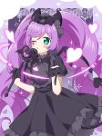  1girl absurdres black_dress black_gloves black_hairband black_horns black_tail blowing_kiss blue_eyes blush bow commentary_request commission cowboy_shot demon_horns demon_tail demon_wings dress ebi_nana frilled_dress frills gloves hair_bow hairband hands_up heart highres holding holding_wand horns long_hair looking_at_viewer manaka_laala official_style one_eye_closed open_mouth pixiv_commission pretty_series pripara purple_hair smile solo sparkle standing tail twintails very_long_hair wand wings 