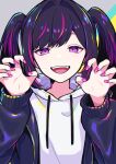  1girl black_hair fangs highres hood hoodie long_hair long_sleeves looking_at_viewer masoogenki multicolored_hair nail_polish open_mouth original purple_eyes purple_hair smile solo sweater twintails two-tone_hair upper_body 