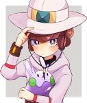  1boy border bright_pupils brown_eyes brown_hair closed_mouth commentary_request goomy grey_background hand_on_headwear hat highres holding holding_pokemon hood hood_down hoodie kinomaru_usizu lian_(pokemon) looking_at_viewer male_focus pearl_clan_outfit pokemon pokemon_(creature) pokemon_legends:_arceus short_hair white_border white_headwear white_pupils 