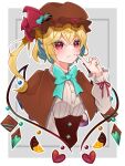  1girl alternate_costume blonde_hair blue_ribbon candy cape chocolate closed_mouth flandre_scarlet food frills hat hat_ribbon heart heart-shaped_chocolate highres mob_cap pointy_ears red_eyes red_ribbon ribbon shirt side_ponytail solo touhou upper_body user_zxwa5275 valentine white_shirt 