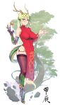  1girl absurdres black_thighhighs breasts brown_eyes china closed_mouth dragon_girl dragon_tail dress full_body green_hair highres large_breasts long_hair monocle original rat_huang red_dress smile solo standing tail thighhighs tree 