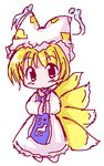  bangs blonde_hair chibi eyebrows eyebrows_visible_through_hair fox_tail geetsu hands_in_opposite_sleeves hat lowres multiple_tails pillow_hat short_hair solo surcoat tabard tail tassel touhou white_background yakumo_ran 