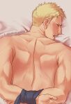  1boy back back_focus bara blonde_hair blush bound bound_wrists facial_hair goatee_stubble kasch_(kaschgmoney) lying male_focus mustache_stubble nude on_bed on_stomach profile reiner_braun shingeki_no_kyojin short_hair solo stubble toned toned_male upper_body 
