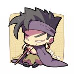  1boy black_footwear black_hair border brown_pants cape chibi chibi_only closed_eyes closed_mouth earrings gold_bracelet hoop_earrings jewelry jojo_no_kimyou_na_bouken kotorai male_focus n&#039;doul pants purple_cape short_hair sideburns sitting solo white_border 