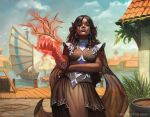  1girl artist_name baldur&#039;s_gate barrel bird boat brown_eyes brown_hair caroline_gariba dark_skin dreadlocks dungeons_and_dragons dynaheir earrings gem jewelry leaf long_hair magic magic:_the_gathering official_art sky solo water watercraft 