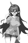  1girl breasts clothes_writing collarbone fangs greyscale hair_between_eyes horns large_breasts long_hair looking_at_viewer monochrome onkn_sxkn open_mouth pointy_ears shirt short_shorts short_sleeves shorts simple_background single_horn solo tenkajin_chiyari test_tube touhou 