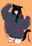  1girl ahoge animal_ear_fluff animal_ears animal_on_shoulder arms_up black_cat black_eyes black_hair blush bright_pupils cat cat_ears cat_girl cat_on_shoulder cat_tail cropped_legs dolphin_shorts flying_sweatdrops grey_hoodie hair_over_shoulder highres hood hoodie megateru nose_blush orange_background original oversized_clothes parted_lips red_ribbon ribbon shorts skindentation sleeves_past_wrists smile solo tail thighs w_arms white_pupils 