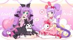  2girls :d absurdres ahoge animal_ears black_footwear black_skirt black_wings blunt_bangs blush bow commission crossover demon_wings dress ebi_nana fake_animal_ears flower full_body hair_bow hand_up heart highres jirai_kei kuromi long_hair looking_at_viewer manaka_laala manaka_non mary_janes multiple_girls my_melody official_style one_eye_closed onegai_my_melody open_mouth pink_bow pink_dress pink_shirt pixiv_commission pretty_series pripara puffy_short_sleeves puffy_sleeves purple_eyes purple_hair rabbit_ears sanrio shirt shoes short_sleeves siblings side_ponytail sisters sitting skirt smile socks speech_bubble spoken_heart spoken_sparkle thighhighs tongue tongue_out twintails v very_long_hair wariza white_flower white_shirt white_socks white_thighhighs wings 