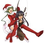  carrying christmas green_hair hat mahou_sensei_negima! masaki_(celesta) multiple_girls nagase_kaede piggyback reindeer santa_costume santa_hat tatsumiya_mana thighhighs 