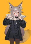 1girl absurdres animal_ears black_jacket choker fang fox_ears fox_girl fox_tail grey_hair highres jacket open_mouth original pointing pointing_at_self saaal653 short_hair simple_background solo tail thighhighs 