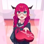  1girl bag braid dasdokter demon_horns english_commentary glasses green_eyes heterochromia highres hololive hololive_english horns incoming_gift irys_(gamer)_(hololive) irys_(hololive) open_mouth pink_eyes pink_hair pointy_ears reaching reaching_towards_viewer round_eyewear school_bag shirt skirt smile solo teeth tongue twin_braids valentine virtual_youtuber 
