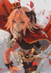  1boy absurdres artist_name astolfo_(fate) bird black_bow black_thighhighs bow braid cape crown dated fang_qiao fate/apocrypha fate_(series) feathers fur-trimmed_cape fur_trim garter_straps gauntlets gold_trim hair_between_eyes hair_bow hair_intakes highres large_bow long_hair male_focus otoko_no_ko petals pigeon pink_hair purple_eyes red_cape single_braid solo thighhighs very_long_hair white_bird white_cape white_feathers 