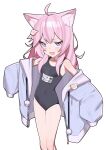  1girl absurdres ahoge animal_ears armpits black_one-piece_swimsuit cat_ears cat_girl cowboy_shot hair_ornament hairpin hashtag_only_commentary highres indie_virtual_youtuber jacket long_hair nyatasha_nyanners one-piece_swimsuit open_mouth pink_eyes pink_hair saaal653 simple_background solo swimsuit white_background 
